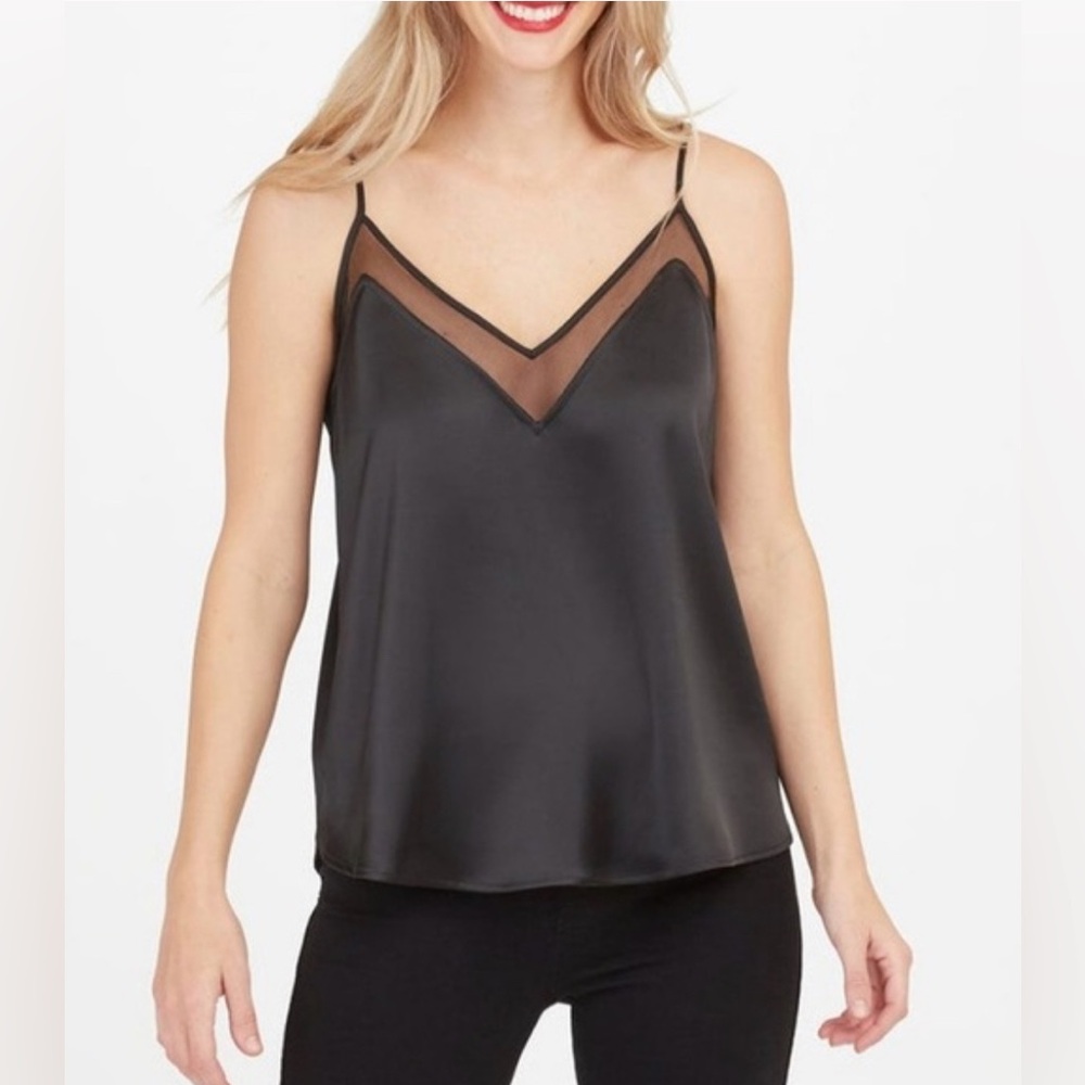 Spanx Womens Satin Mesh Trim V-Neck Cami Tank Classic Black Size Large